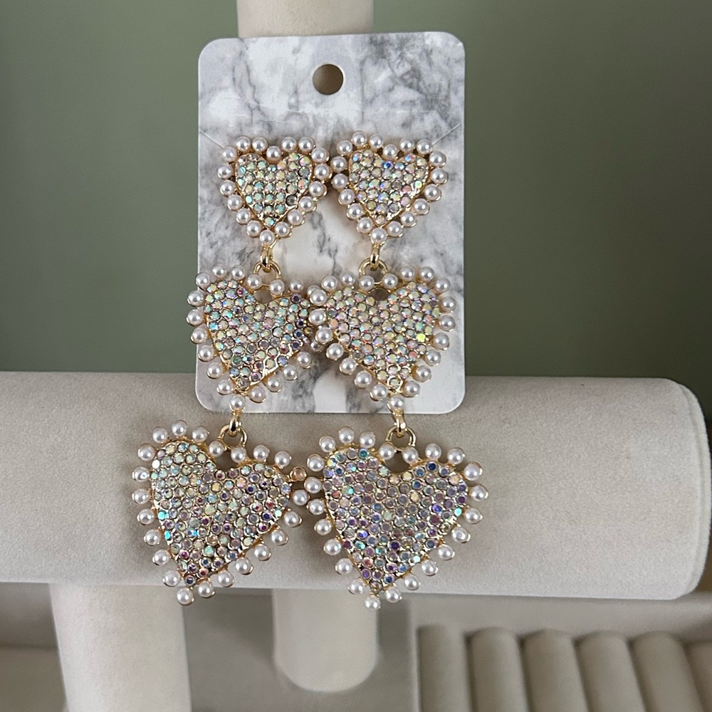 New Boutique Bling Heart Earrings, Faux Pearl And Rhinestones